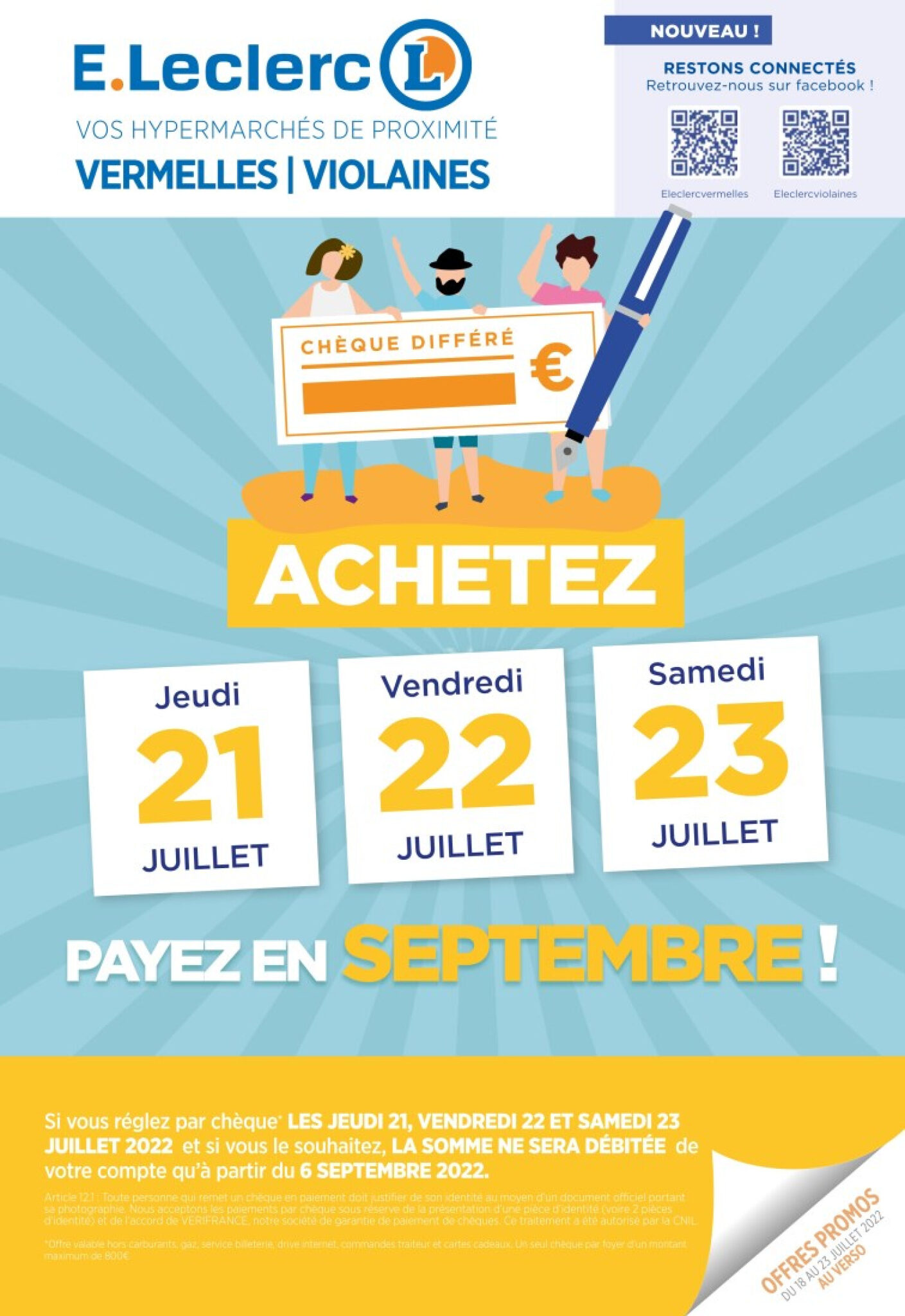 Illustration d'une action promotionnelle sur le chèque différé chez E. Leclerc, mettant en valeur cette offre attractive pour les clients.