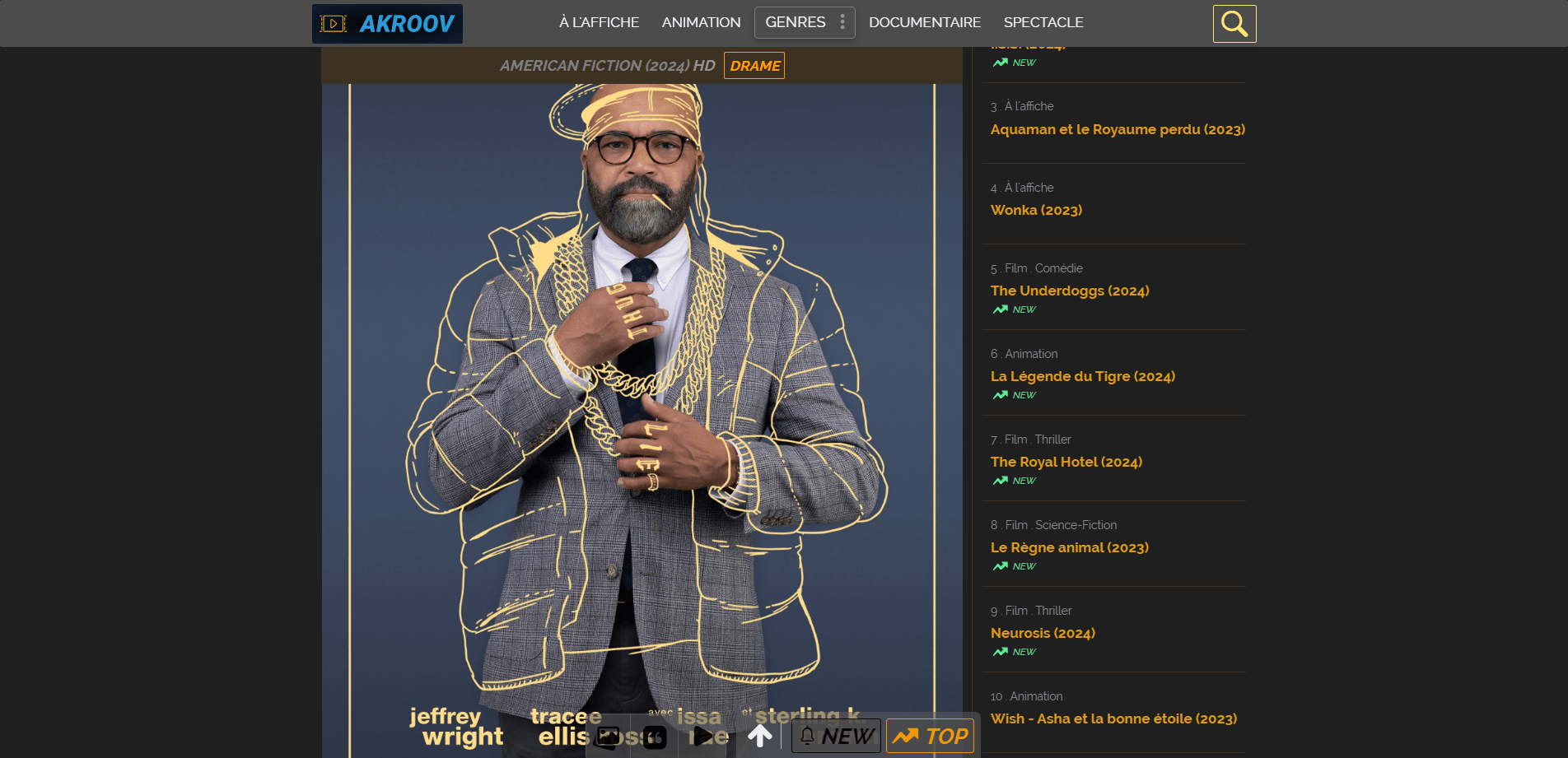 Page d'accueil du site Akroov affichant des films récents en streaming
