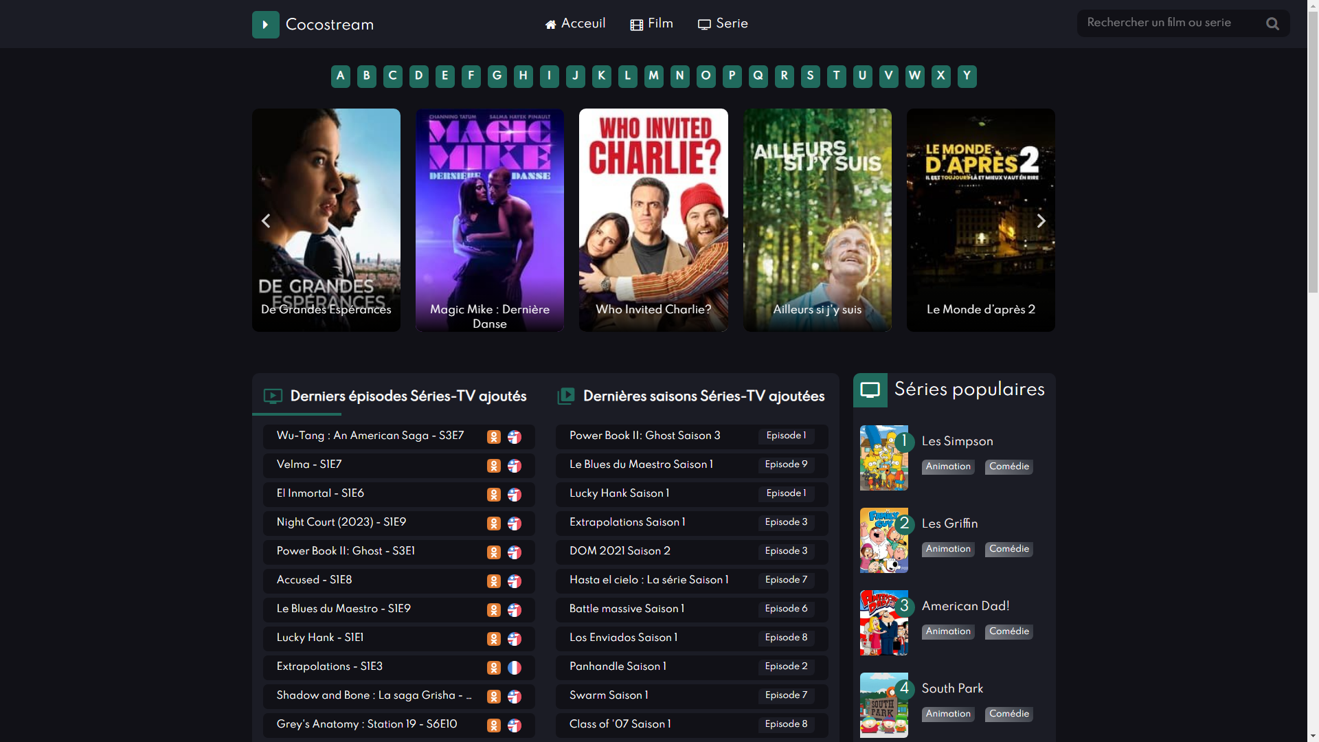Capture d’écran de la page d'accueil de Cocostream avec l'affichage des films et séries en HD