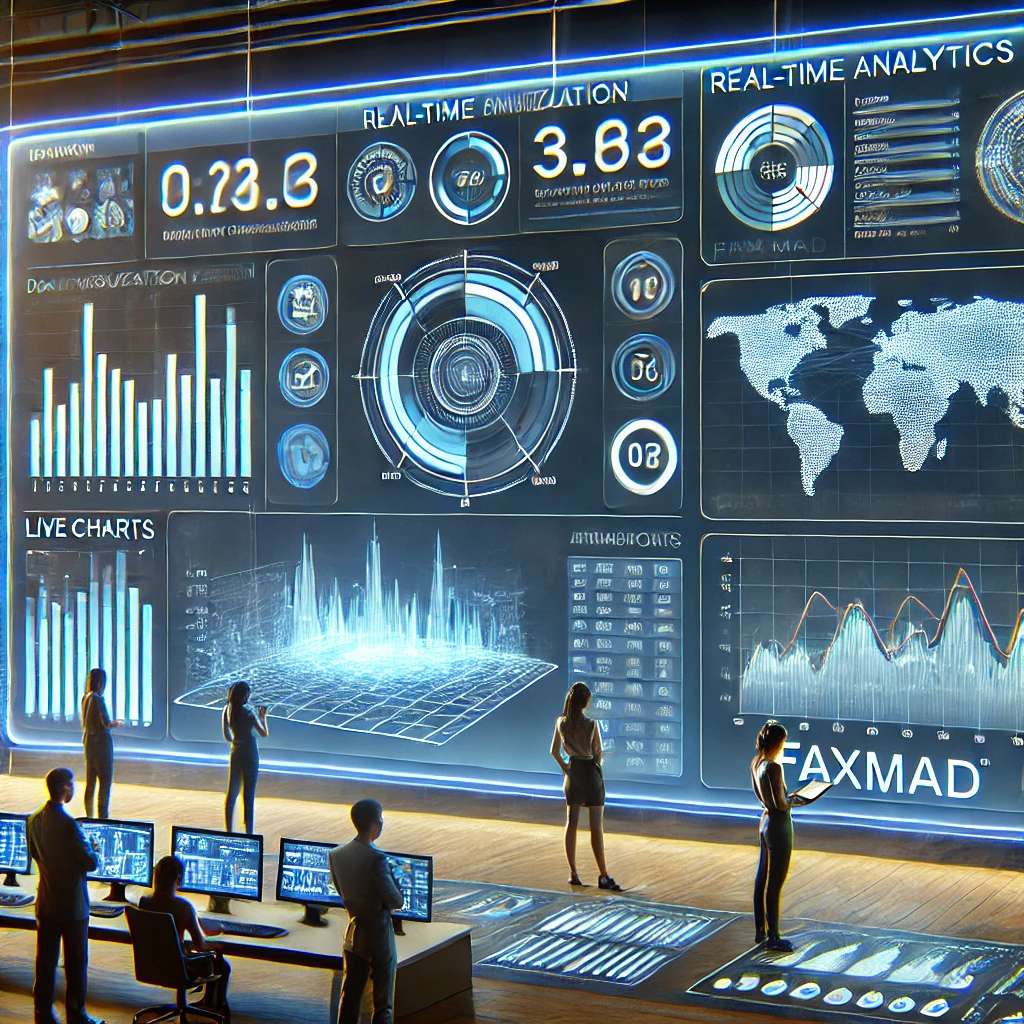 Interface futuriste de la plateforme Faxmad avec visualisation de données en temps réel en 2024