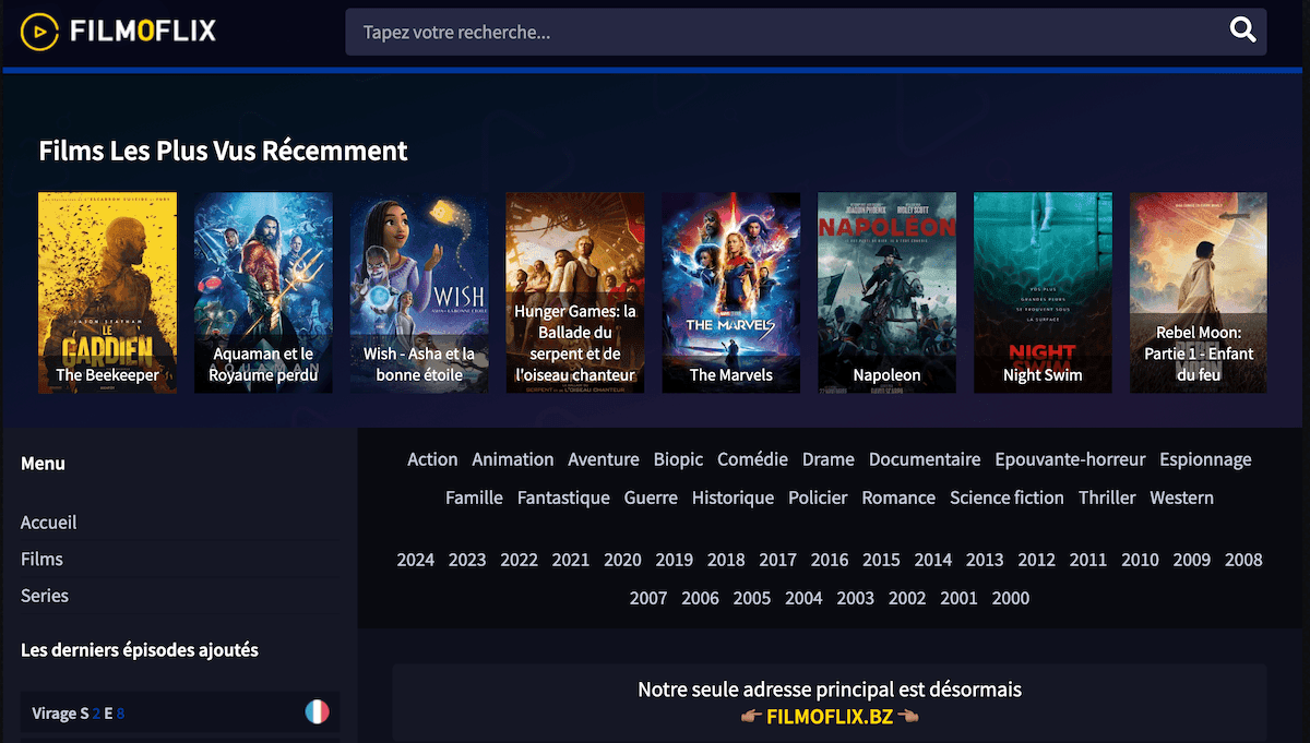 Page d'accueil de la nouvelle adresse du site Filmoflix mise à jour en 2025