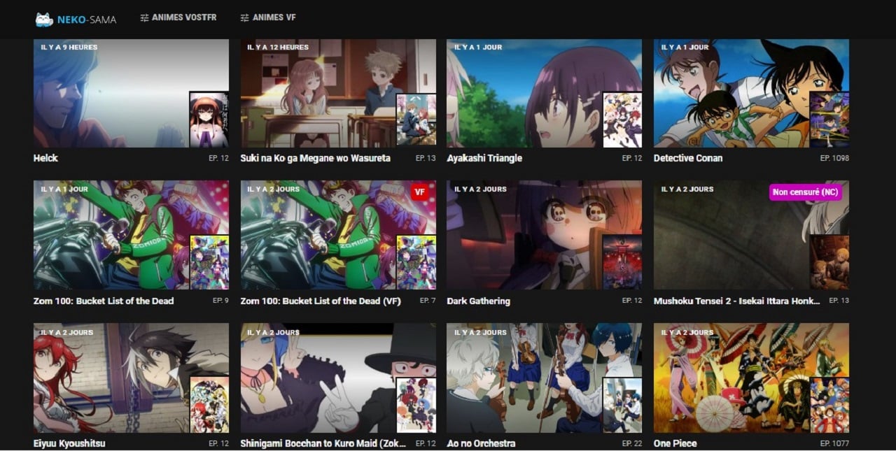 Page d'accueil de Neko Sama avec interface utilisateur et liste d'animes populaires