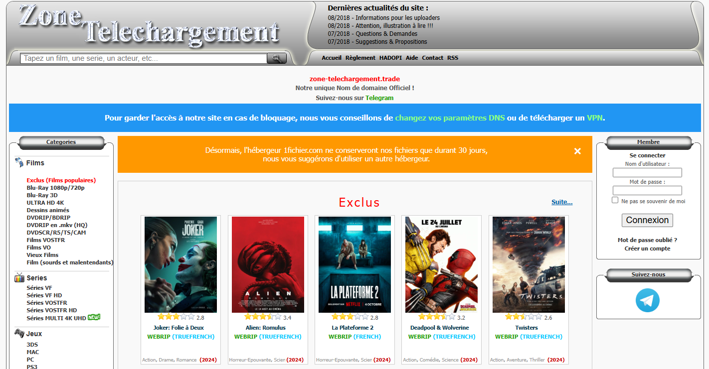 Nouvelle adresse de Zone Téléchargement en 2024 avec interface du site visible