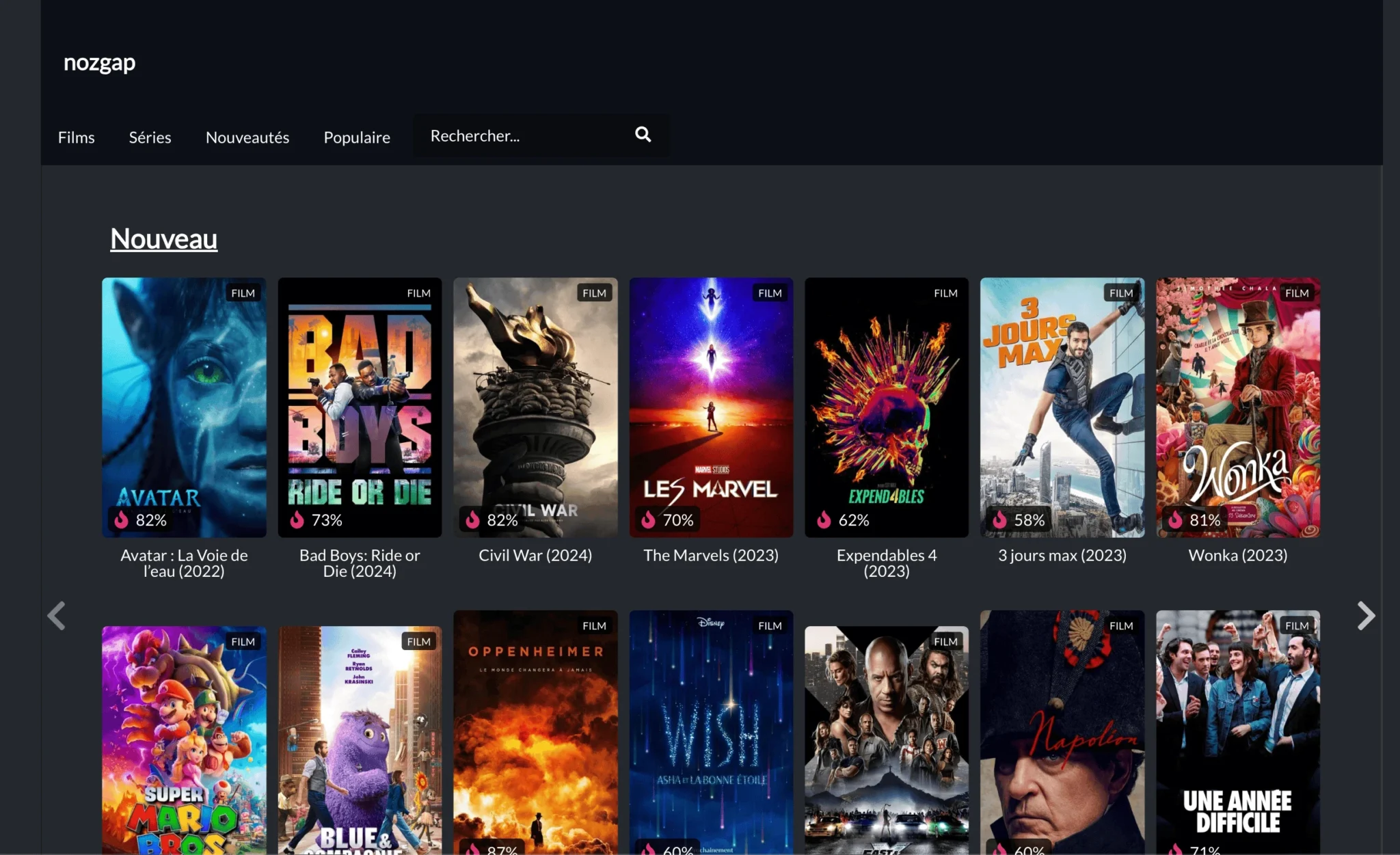 Page d'accueil du site Nozgap avec la nouvelle adresse pour le streaming gratuit