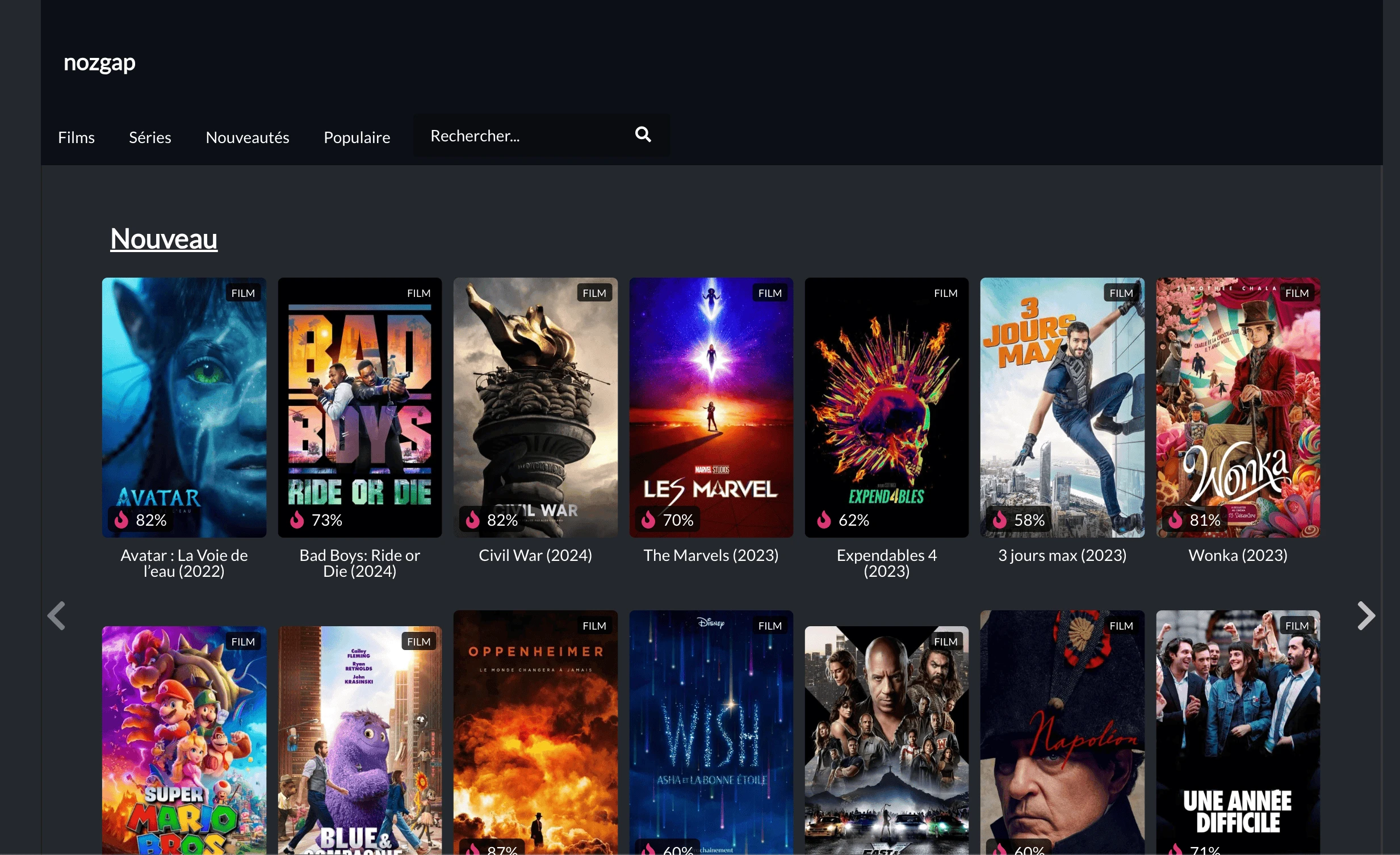Page d'accueil du site Nozgap avec la nouvelle adresse pour le streaming gratuit