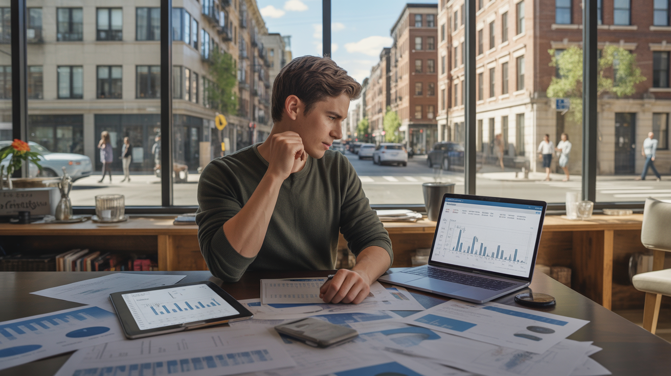 investisseur immobilier analysant la rentabilité d’un bien dans un cadre urbain réaliste, avec ordinateur portable, documents financiers et fond urbain authentique et vivant